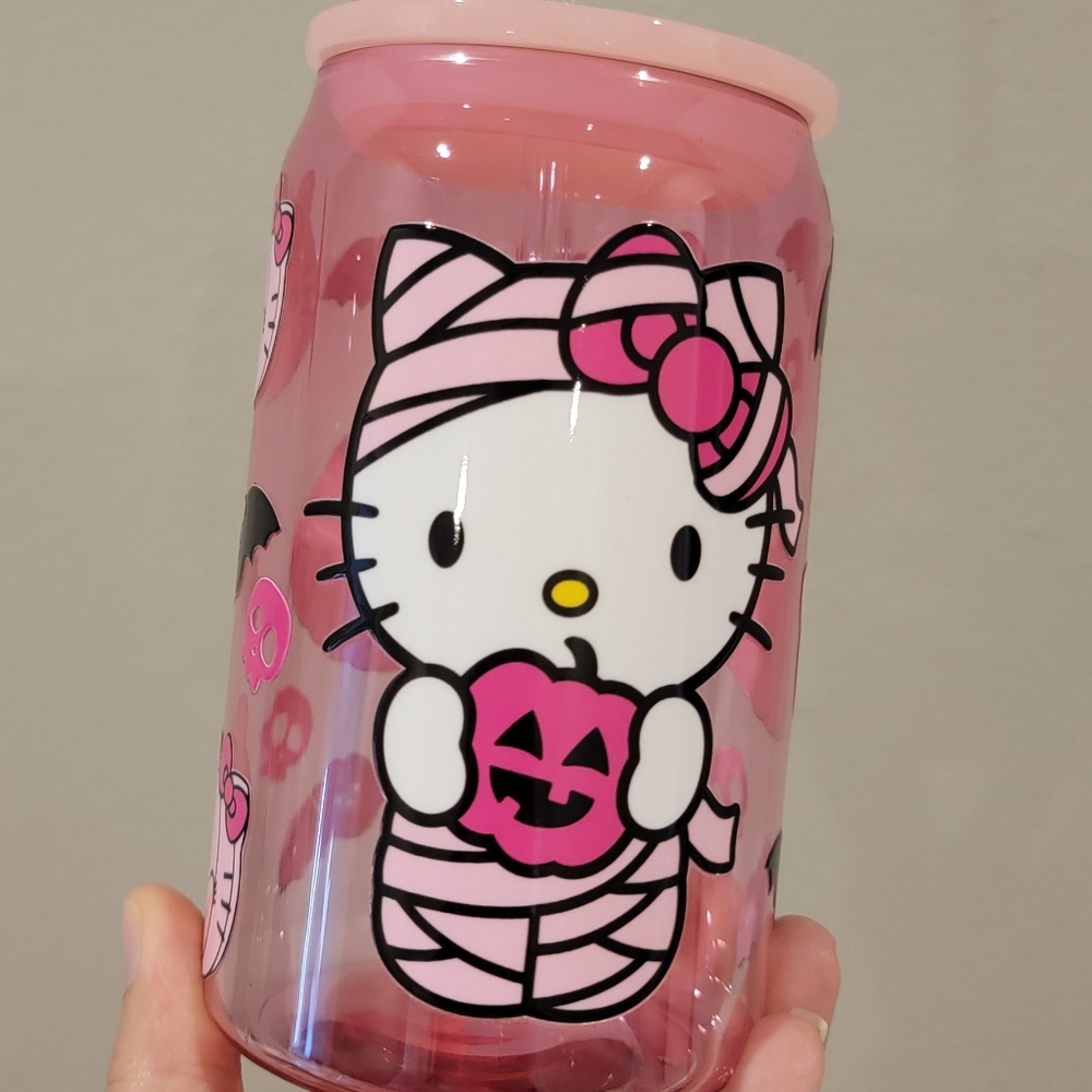 Pink Halloween Mummy Hello Kitty 16 oz Plastic Cup With Lid And Straw